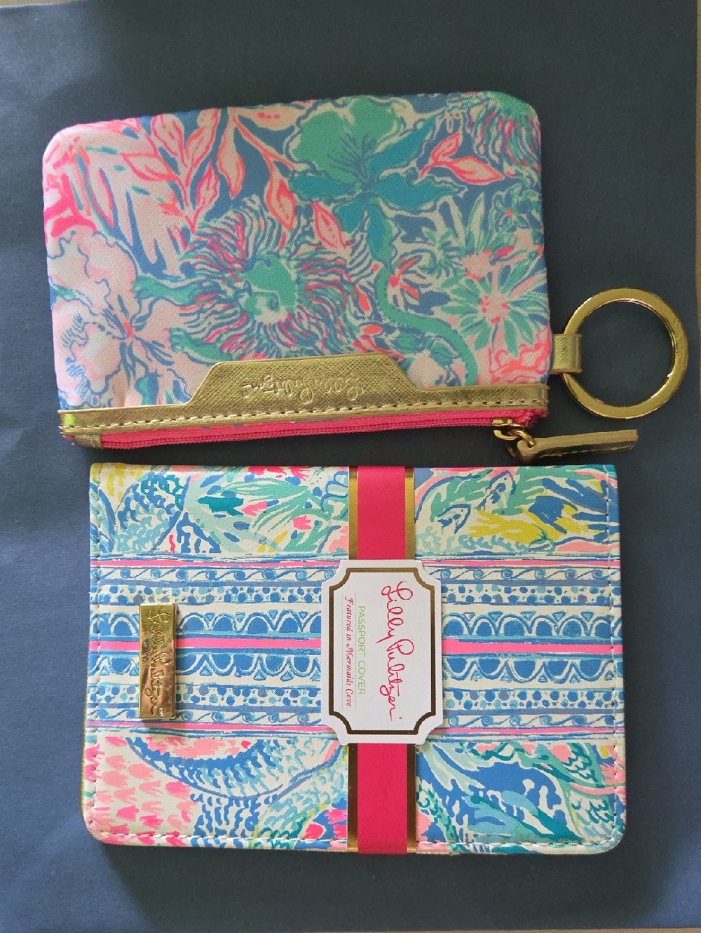 Lilly Pulitzer Pink Aqua Floral Passport Holder & Key Chain ID Set